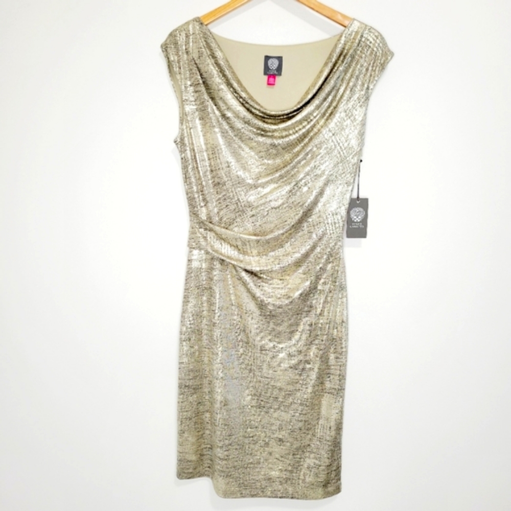 Vince Camuto Dress Womens Size 10 Gold Metallic Sheath Cocktail Midi Sleveless